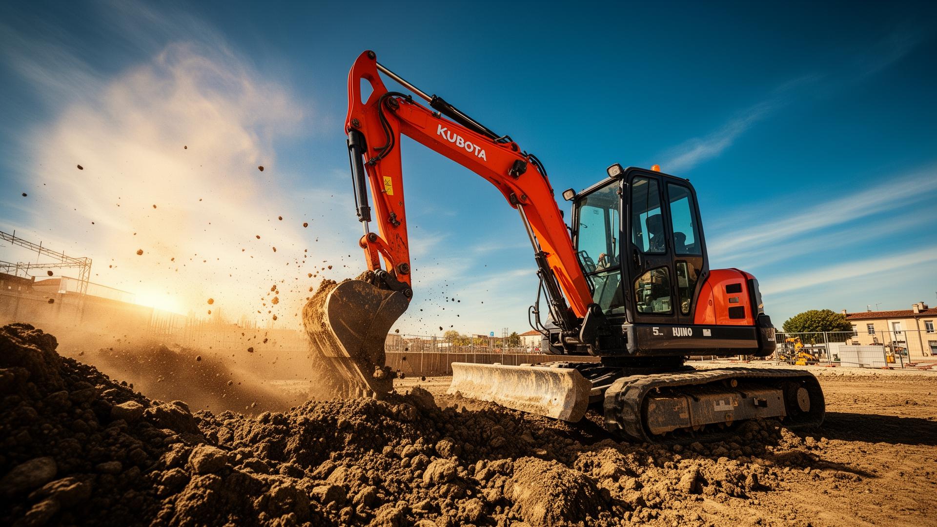 Mini-pelle Kubota 5 tonnes en action sur un chantier de terrassement à Toulouse